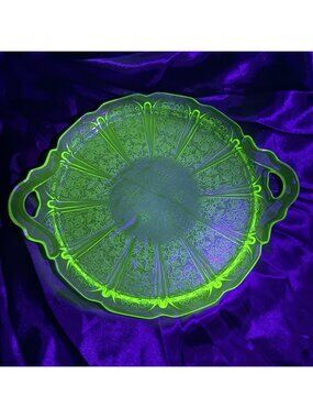 Jeannette Cherry Blossom Green Uranium Glass Cake Plate Handled Tray UV Vaseline